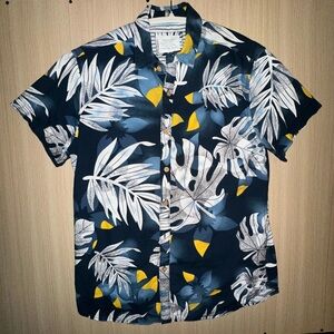 Cactus Navy and Yellow Leaf Print Men's Shirt